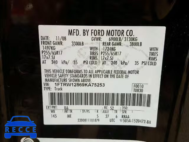 2009 FORD F150 SUPER 1FTRW12869KA75253 зображення 9