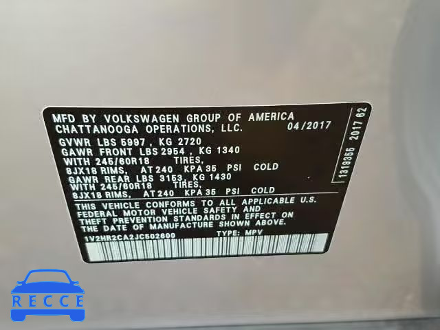 2018 VOLKSWAGEN ATLAS S 1V2HR2CA2JC502600 image 9