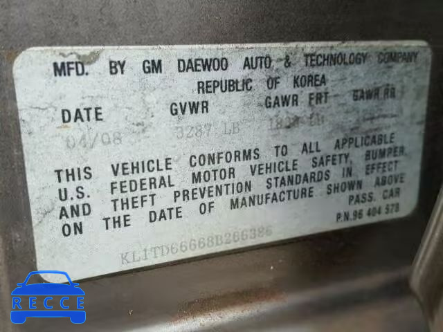 2008 CHEVROLET AVEO BASE KL1TD66668B266386 image 9