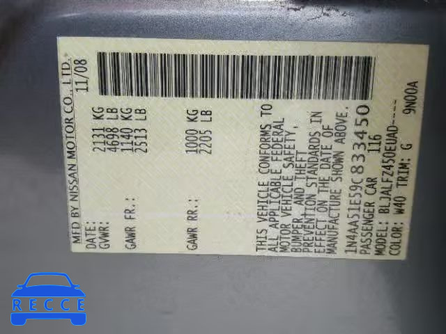 2009 NISSAN MAXIMA S 1N4AA51E59C833450 Bild 9