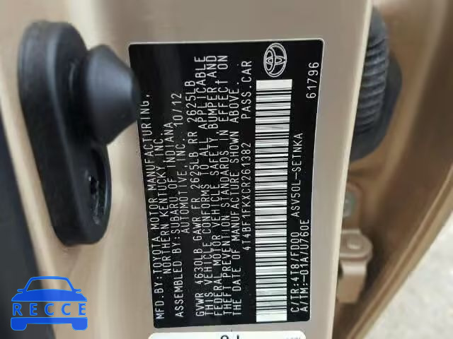 2012 TOYOTA CAMRY BASE 4T4BF1FKXCR261382 image 9