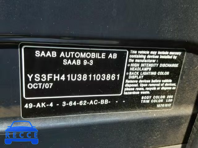 2008 SAAB 9-3 AERO YS3FH41U381103861 зображення 9