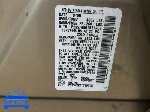 2005 NISSAN MURANO SL JN8AZ08T75W324998 image 9