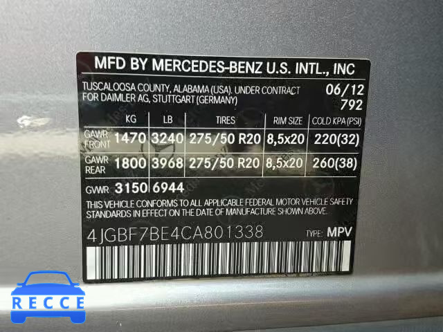 2012 MERCEDES-BENZ GL 450 4MA 4JGBF7BE4CA801338 Bild 9