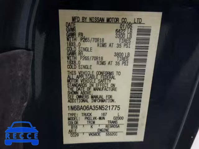 2005 NISSAN TITAN XE 1N6BA06A35N521775 image 9