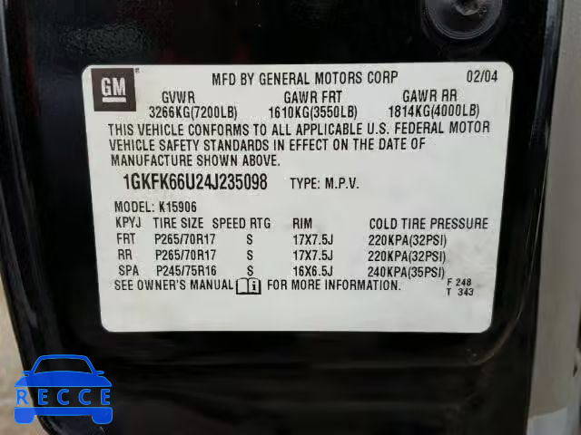 2004 GMC YUKON XL D 1GKFK66U24J235098 Bild 9