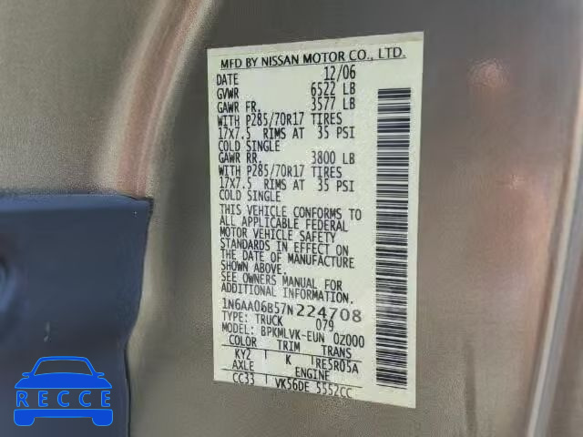 2007 NISSAN TITAN XE 1N6AA06B57N224708 image 9