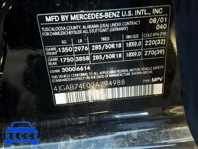 2002 MERCEDES-BENZ ML 55 4JGAB74E02A294988 image 9