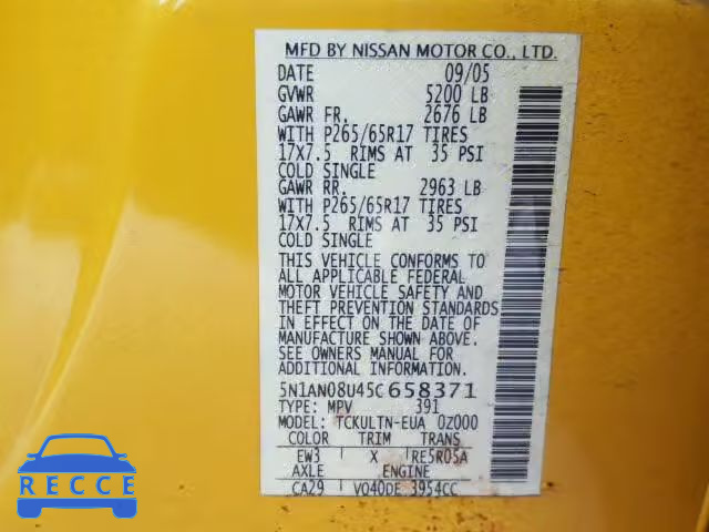 2005 NISSAN XTERRA OFF 5N1AN08U45C658371 зображення 9