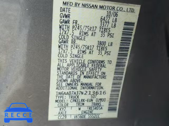 2007 NISSAN TITAN XE 1N6AA07A37N213616 image 9