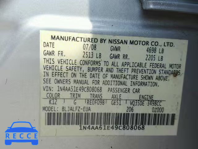 2009 NISSAN MAXIMA S 1N4AA51E49C808068 зображення 9
