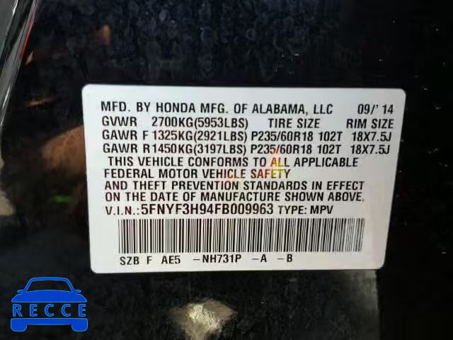 2015 HONDA PILOT TOUR 5FNYF3H94FB009963 image 9