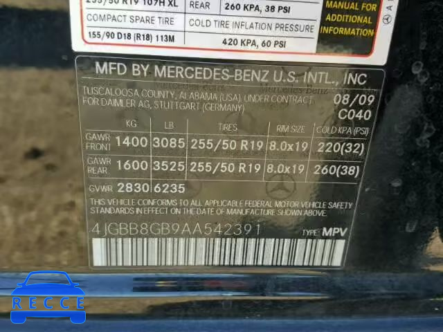 2010 MERCEDES-BENZ ML 350 4MA 4JGBB8GB9AA542391 Bild 9