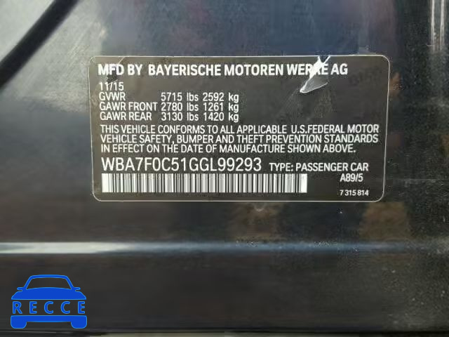 2016 BMW 750 WBA7F0C51GGL99293 зображення 9
