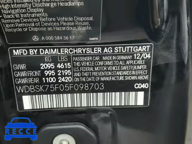 2005 MERCEDES-BENZ SL 500 WDBSK75F05F098703 image 9