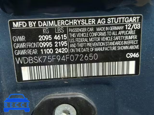 2004 MERCEDES-BENZ SL WDBSK75F94F072650 зображення 9