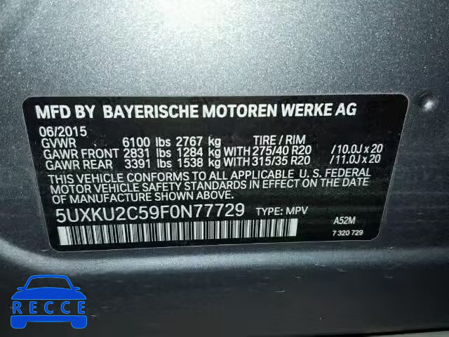 2015 BMW X6 5UXKU2C59F0N77729 зображення 9