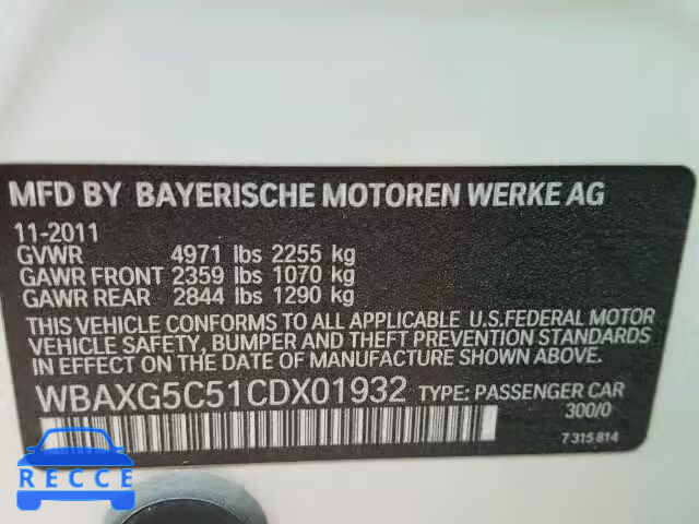 2012 BMW 528 WBAXG5C51CDX01932 image 9