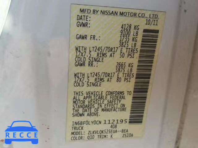 2012 NISSAN NV 2500 1N6BF0LY0CN112195 image 9