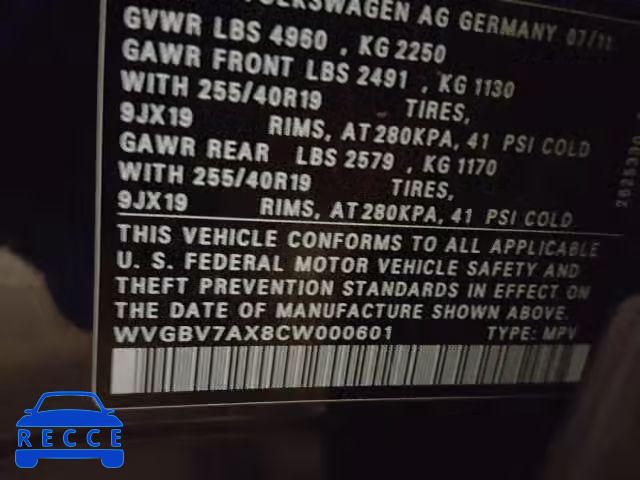 2012 VOLKSWAGEN TIGUAN S WVGBV7AX8CW000601 Bild 9