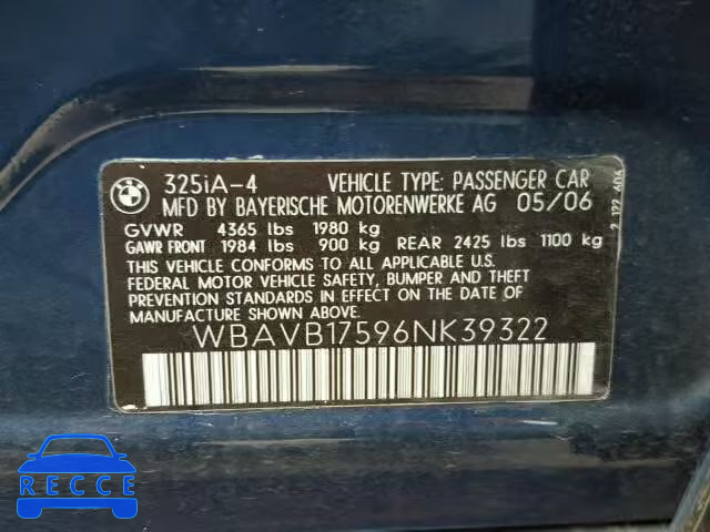 2006 BMW 325 I AUTO WBAVB17596NK39322 image 9