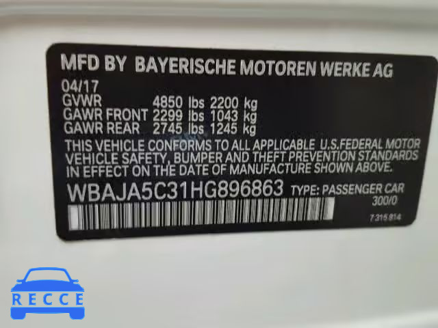 2017 BMW 530 I WBAJA5C31HG896863 image 9