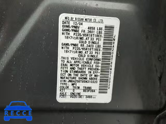 2005 NISSAN MURANO SL JN8AZ08T85W310320 image 9