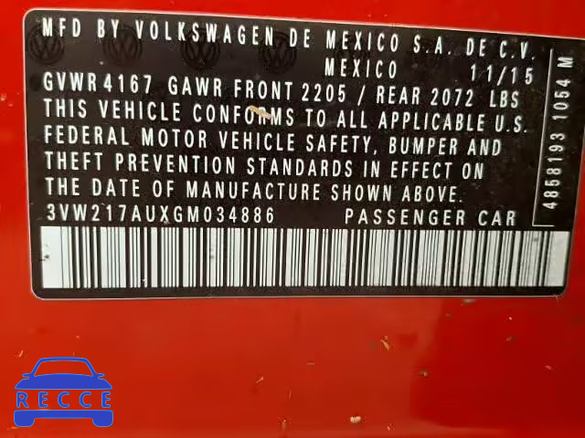 2016 VOLKSWAGEN GOLF 3VW217AUXGM034886 image 9