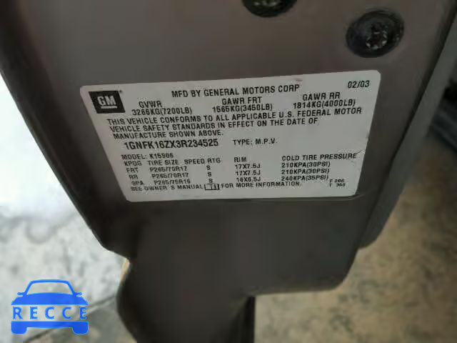 2003 CHEVROLET SUBURBAN K 1GNFK16ZX3R234525 image 9