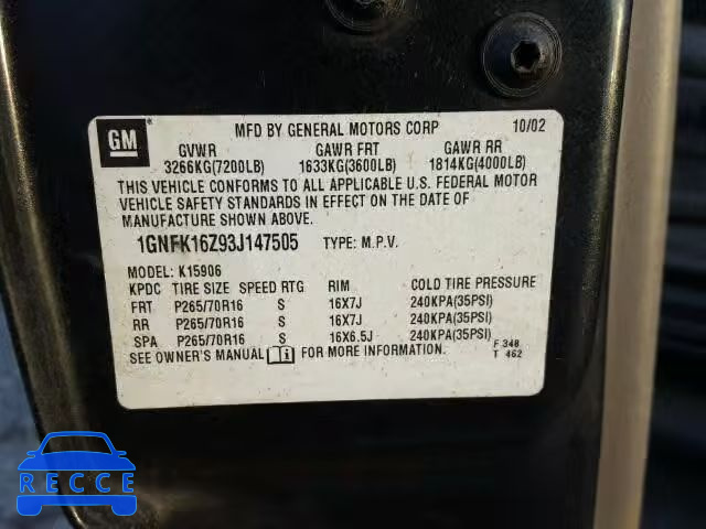 2003 CHEVROLET SUBURBAN K 1GNFK16Z93J147505 image 9