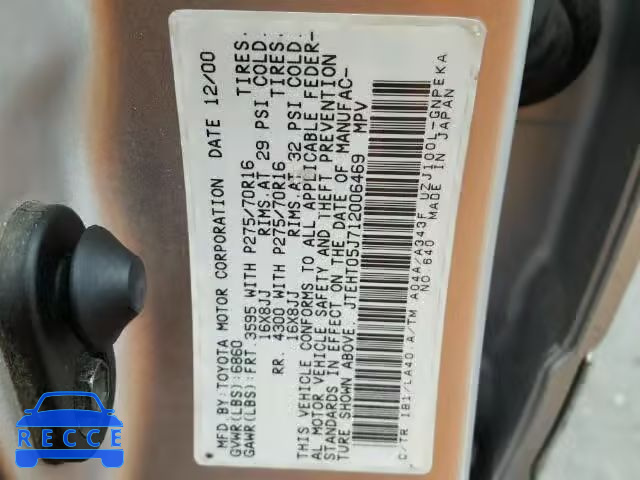 2001 TOYOTA LAND CRUIS JTEHT05J712006469 зображення 9