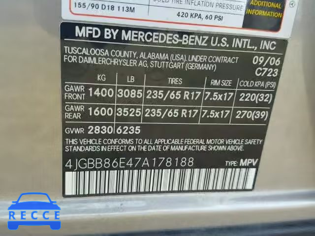 2007 MERCEDES-BENZ ML 350 4JGBB86E47A178188 Bild 9