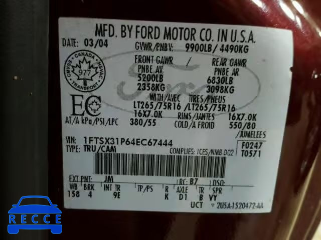 2004 FORD F350 SRW S 1FTSX31P64EC67444 image 9