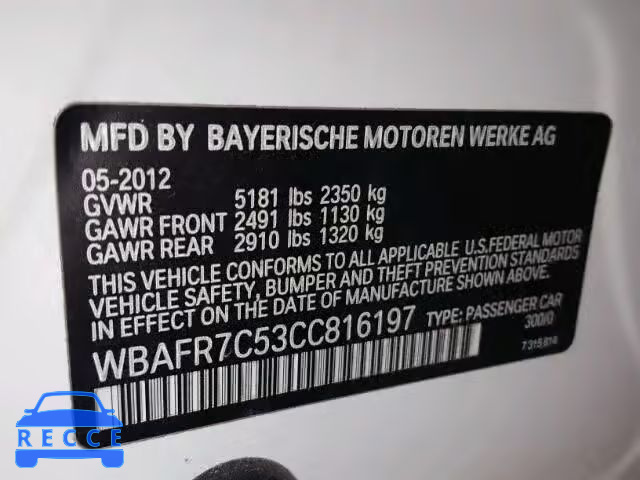 2012 BMW 535 WBAFR7C53CC816197 зображення 9