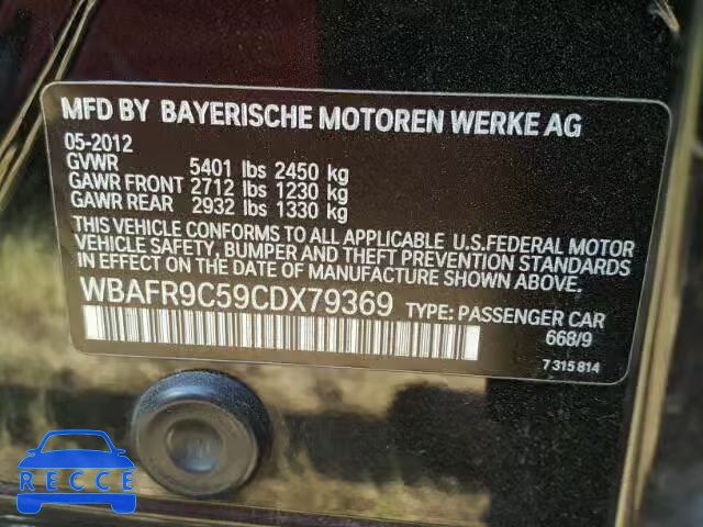 2012 BMW 550 I WBAFR9C59CDX79369 зображення 9