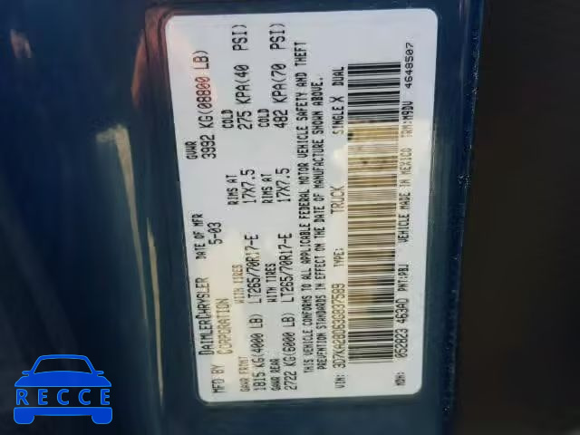 2003 DODGE RAM 2500 S 3D7KA28D63G837589 image 9