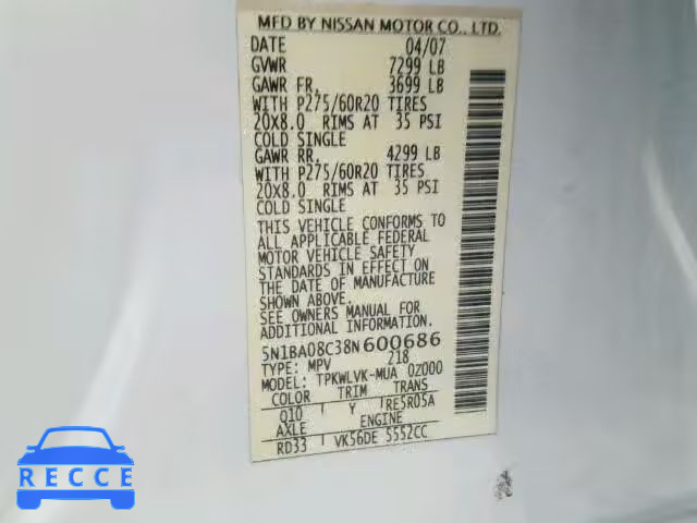 2008 NISSAN ARMADA SE 5N1BA08C38N600686 image 9