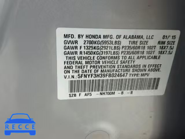 2015 HONDA PILOT SE 5FNYF3H39FB024647 image 9