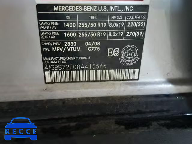 2008 MERCEDES-BENZ ML 550 4JGBB72E08A415566 зображення 9
