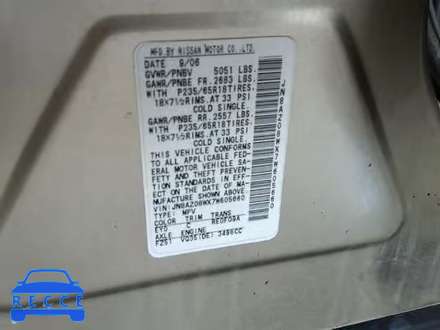 2007 NISSAN MURANO SL JN8AZ08WX7W605660 зображення 9