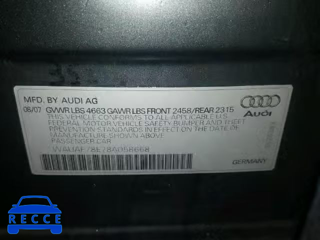 2008 AUDI A4 2.0T WAUAF78E78A058668 зображення 9