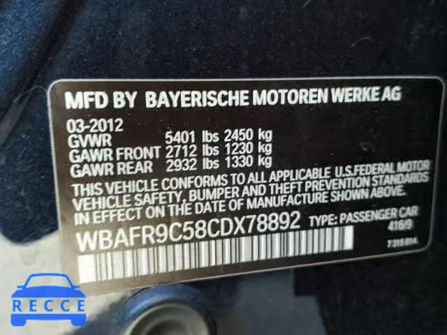 2012 BMW 550 I WBAFR9C58CDX78892 image 9