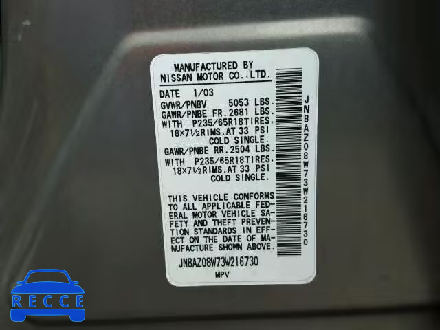2003 NISSAN MURANO SL JN8AZ08W73W216730 image 9