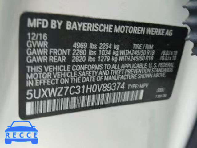2017 BMW X3 SDRIVE2 5UXWZ7C31H0V89374 зображення 9