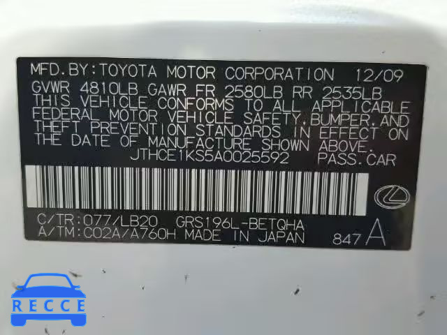 2010 LEXUS GS JTHCE1KS5A0025592 image 9