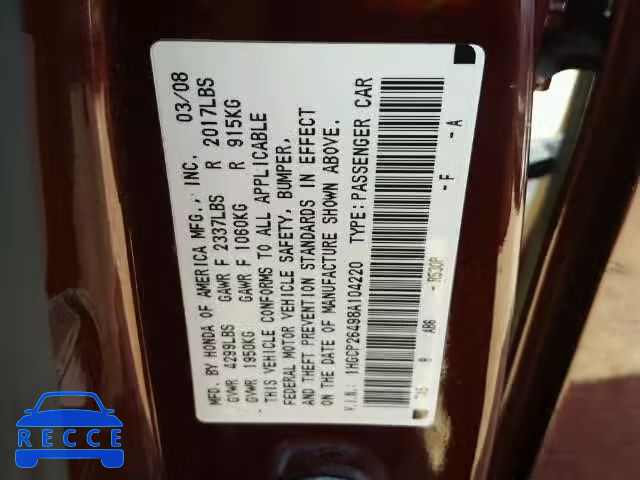 2008 HONDA ACCORD LXP 1HGCP26498A104220 image 9