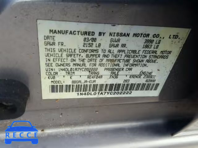 2000 NISSAN ALTIMA XE 1N4DL01A7YC202222 зображення 9