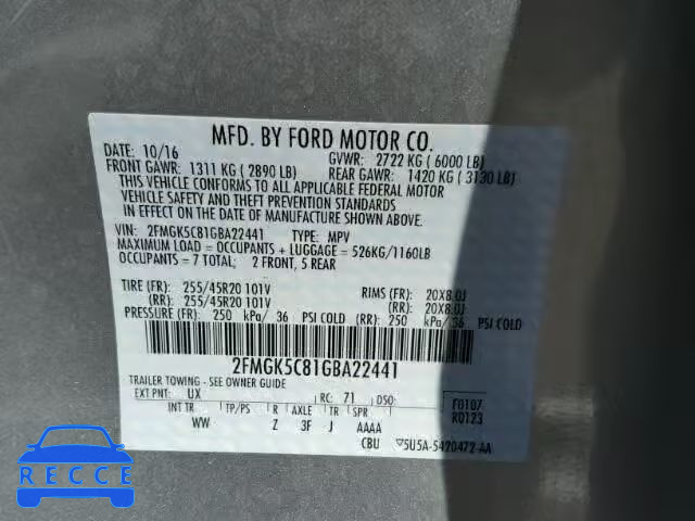 2016 FORD FLEX SEL 2FMGK5C81GBA22441 зображення 9