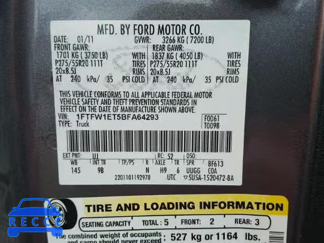 2011 FORD F150 4WD 1FTFW1ET5BFA64293 image 9
