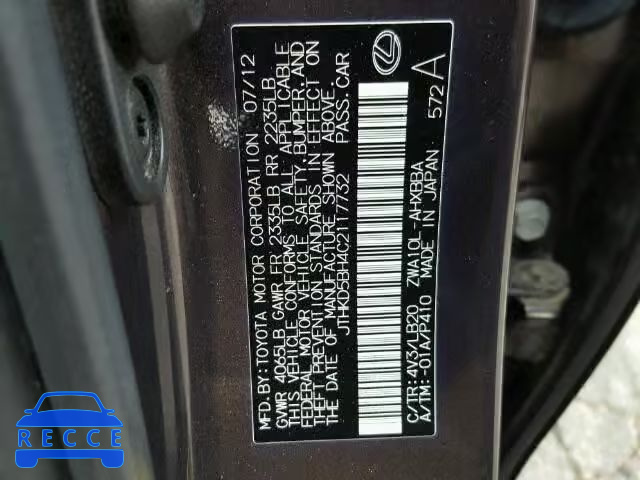 2012 LEXUS CT 200 JTHKD5BH4C2117732 зображення 9